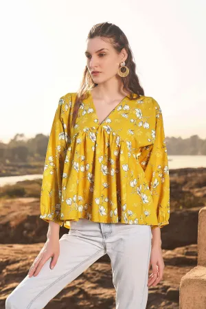 Floral V Neck Peasant Sleeve Top