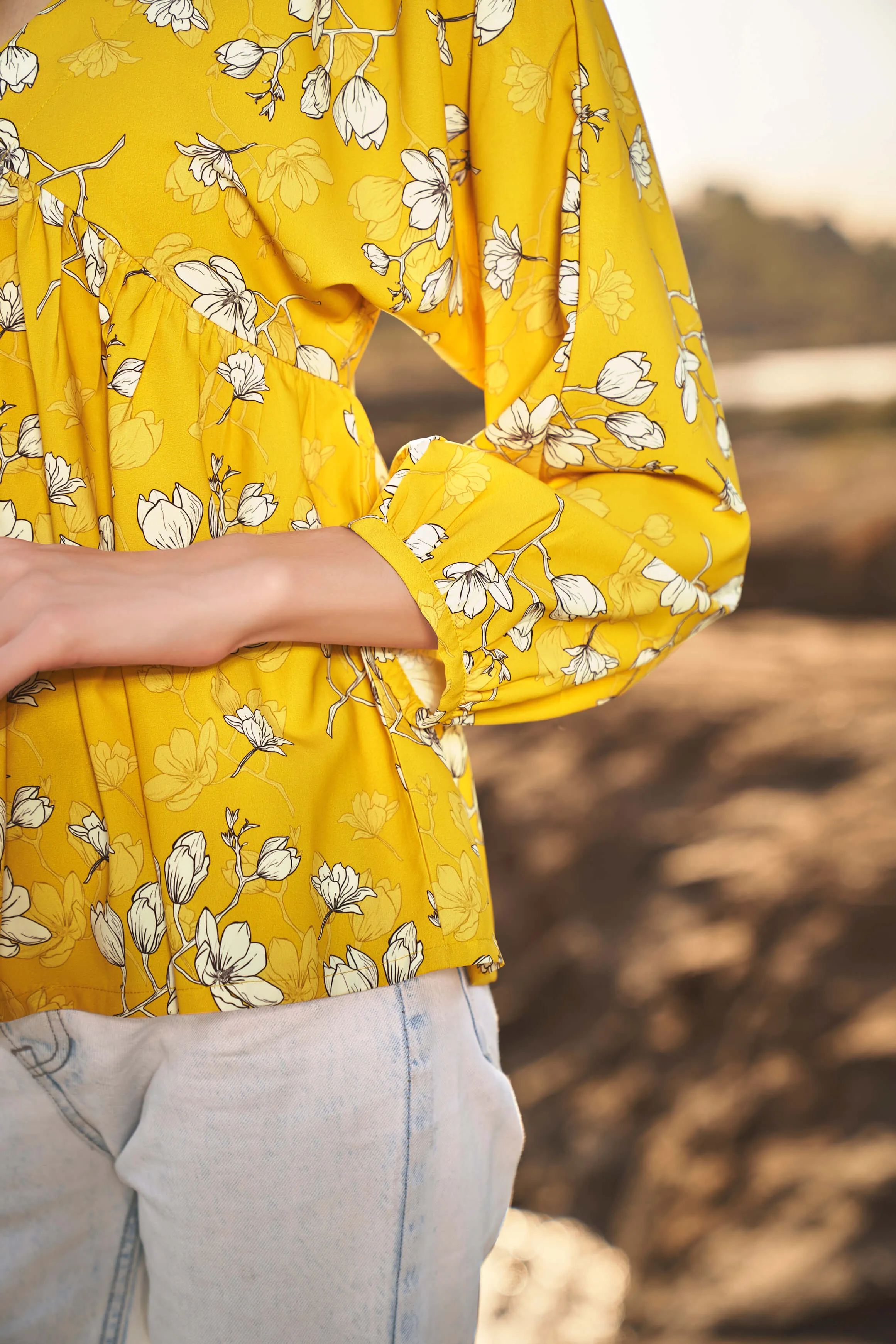 Floral V Neck Peasant Sleeve Top