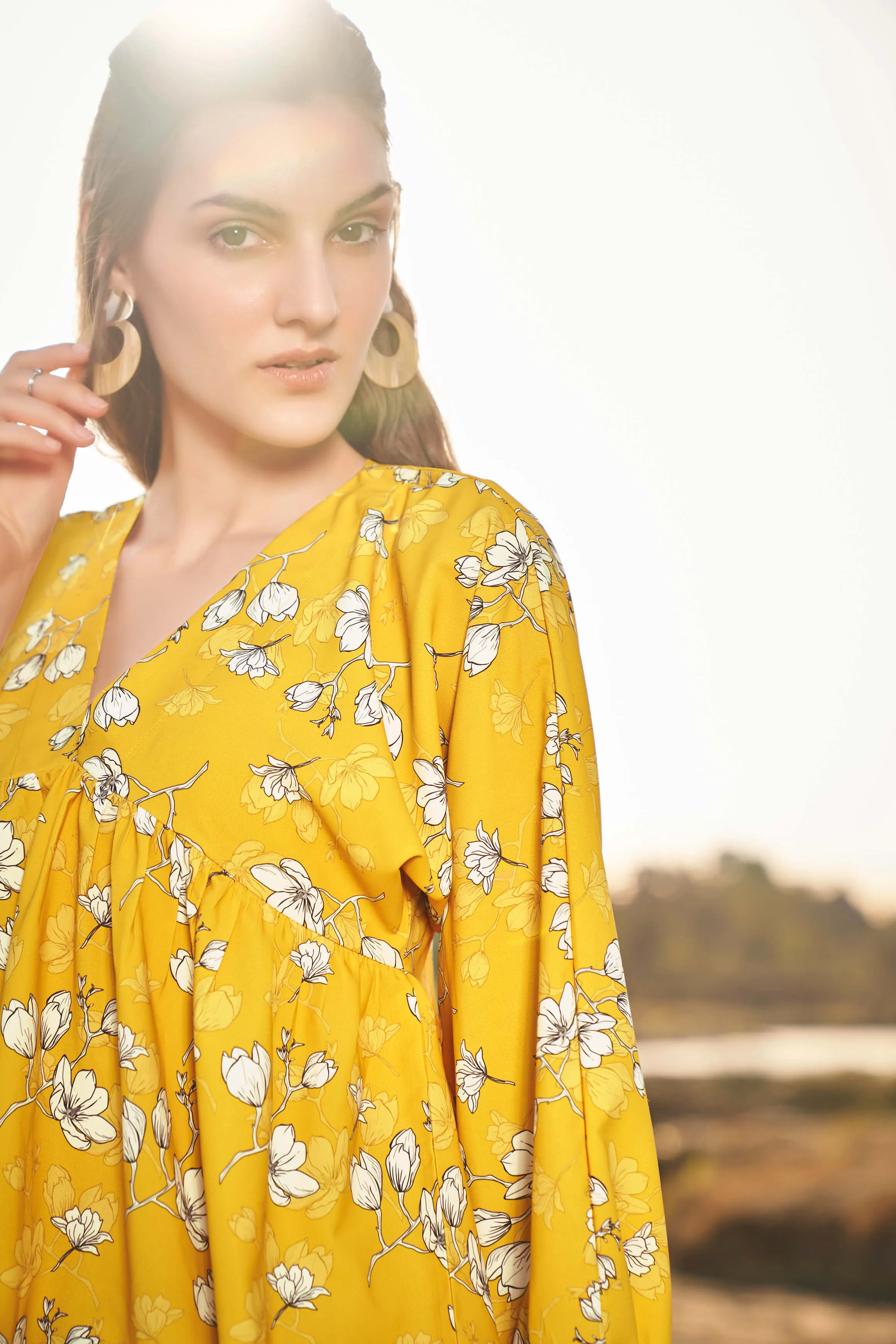 Floral V Neck Peasant Sleeve Top
