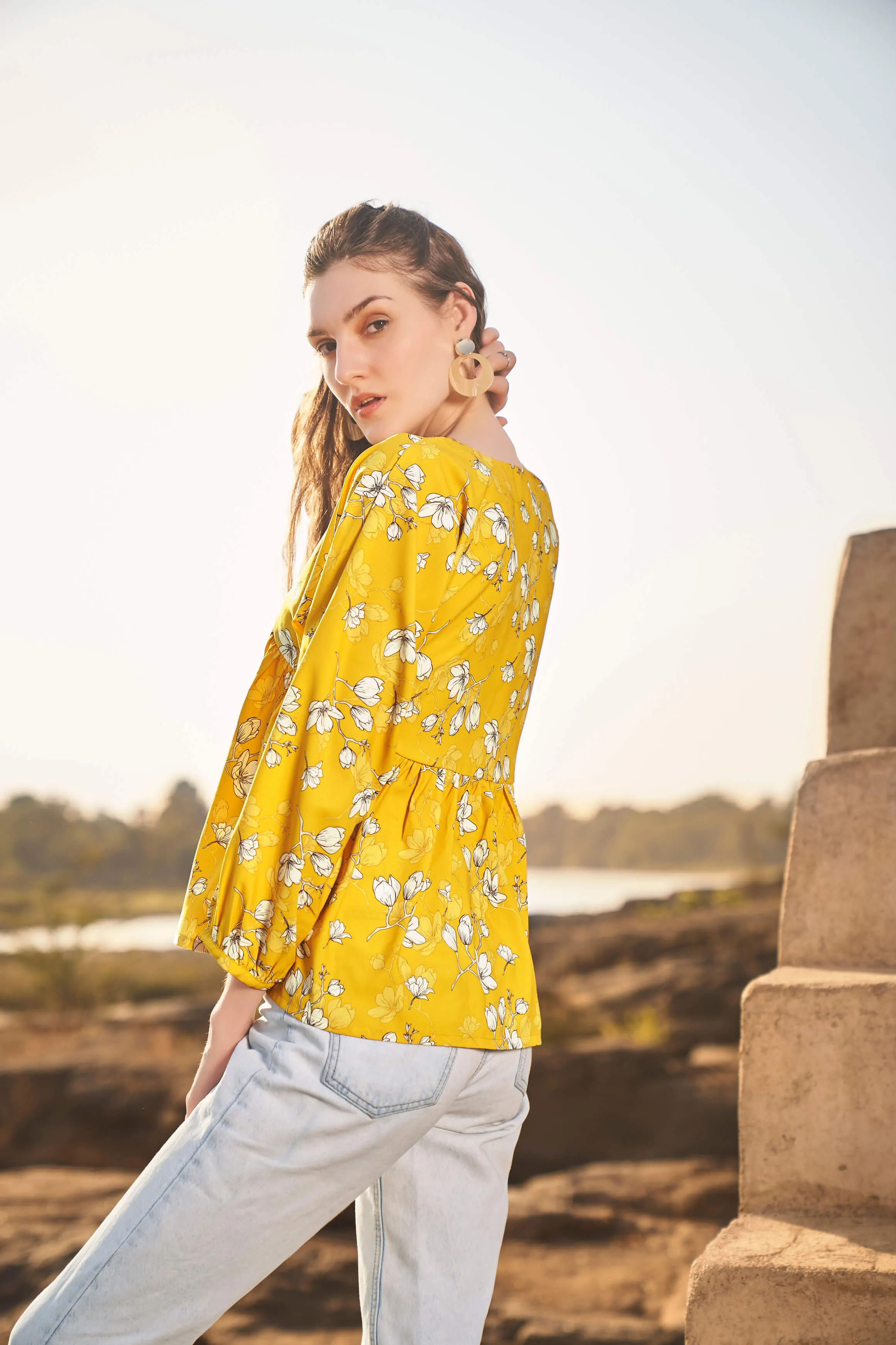 Floral V Neck Peasant Sleeve Top