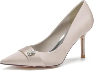 FufoneUS Women's Bridal Shoes Closed Toe 3.35" Stiletto Heel Lace Satin Pumps Evening Wedding Heels,Champagne,8