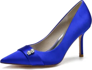 FufoneUS Women's Bridal Shoes Closed Toe 3.35" Stiletto Heel Lace Satin Pumps Evening Wedding Heels,Royal Blue,8
