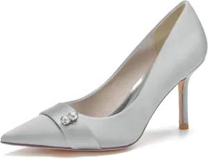 FufoneUS Women's Bridal Shoes Closed Toe 3.35" Stiletto Heel Lace Satin Pumps Evening Wedding Heels,Silver,6