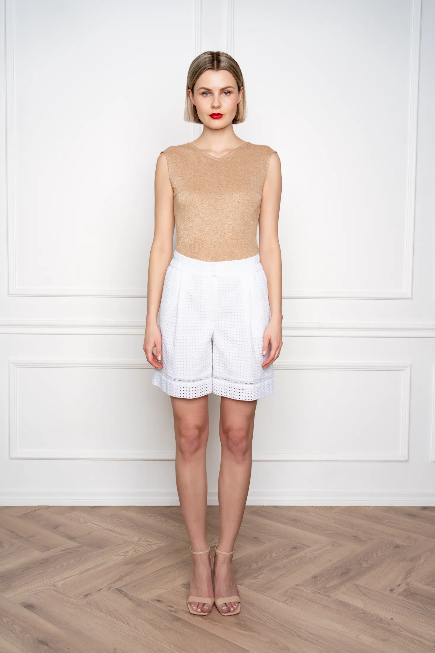 GAMBEYA WHITE SQUARE BRODERIE ANGLAISE COTTON-POPLIN HIGH WAIST SHORTS