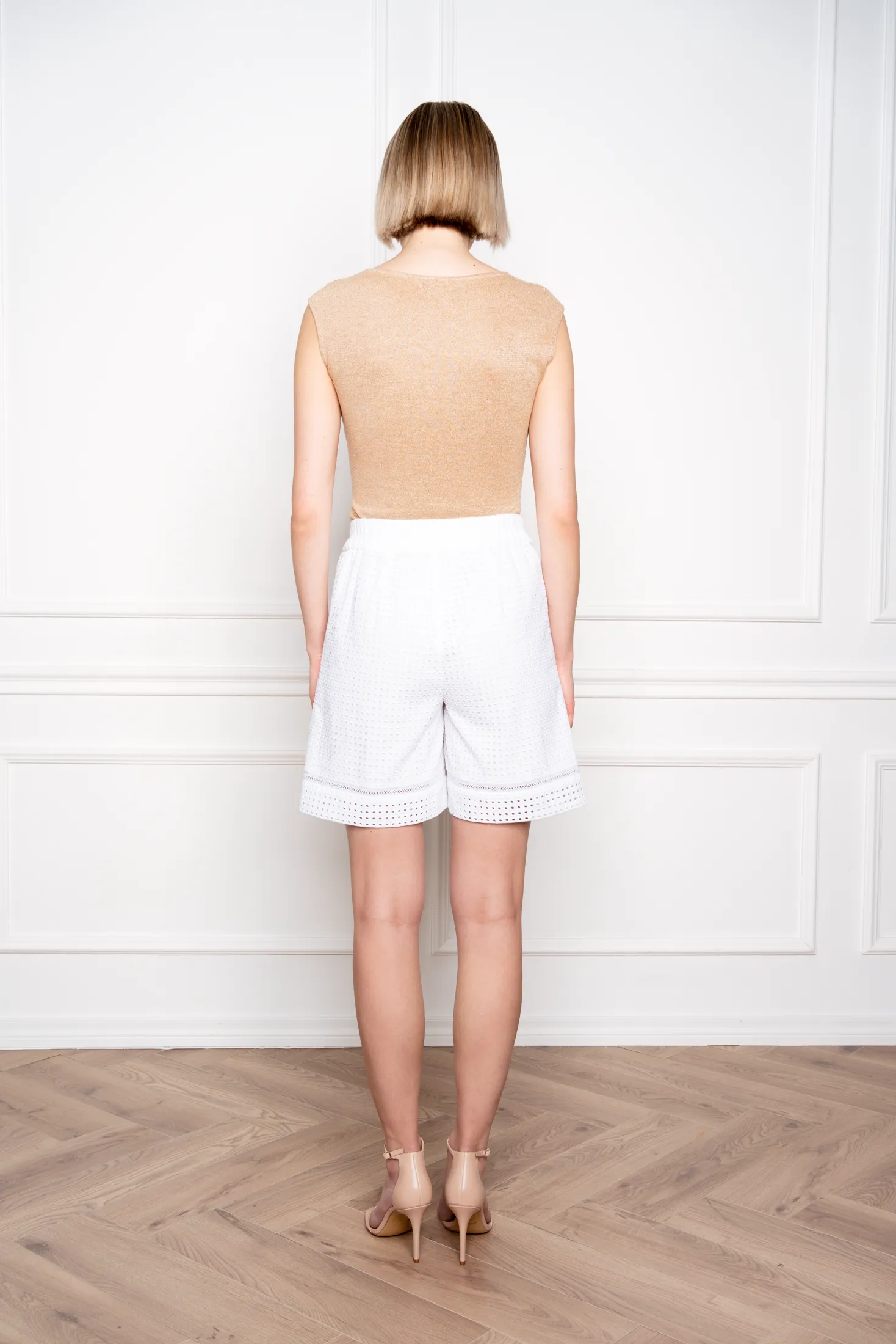 GAMBEYA WHITE SQUARE BRODERIE ANGLAISE COTTON-POPLIN HIGH WAIST SHORTS