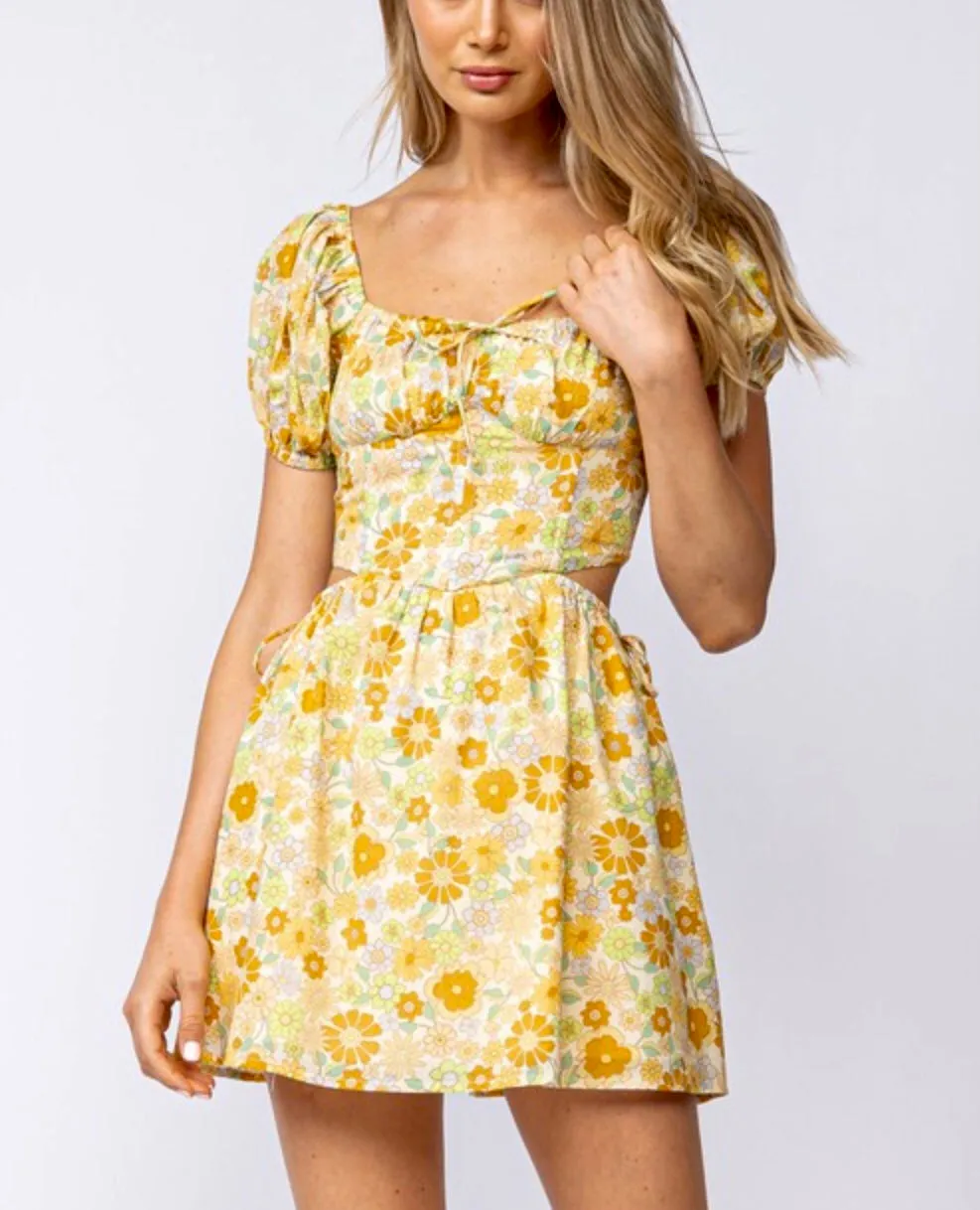 Garden party short sleeve gold floral mini dress