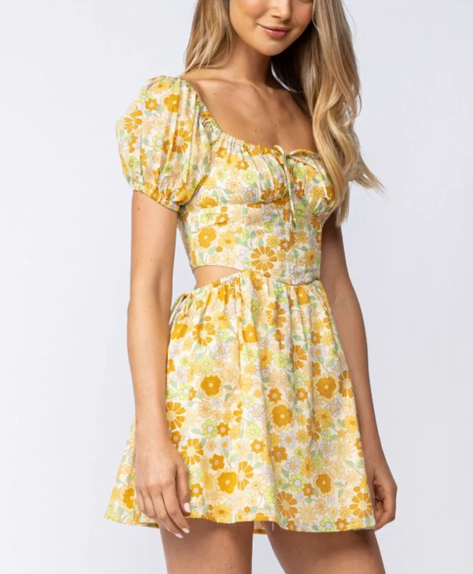 Garden party short sleeve gold floral mini dress