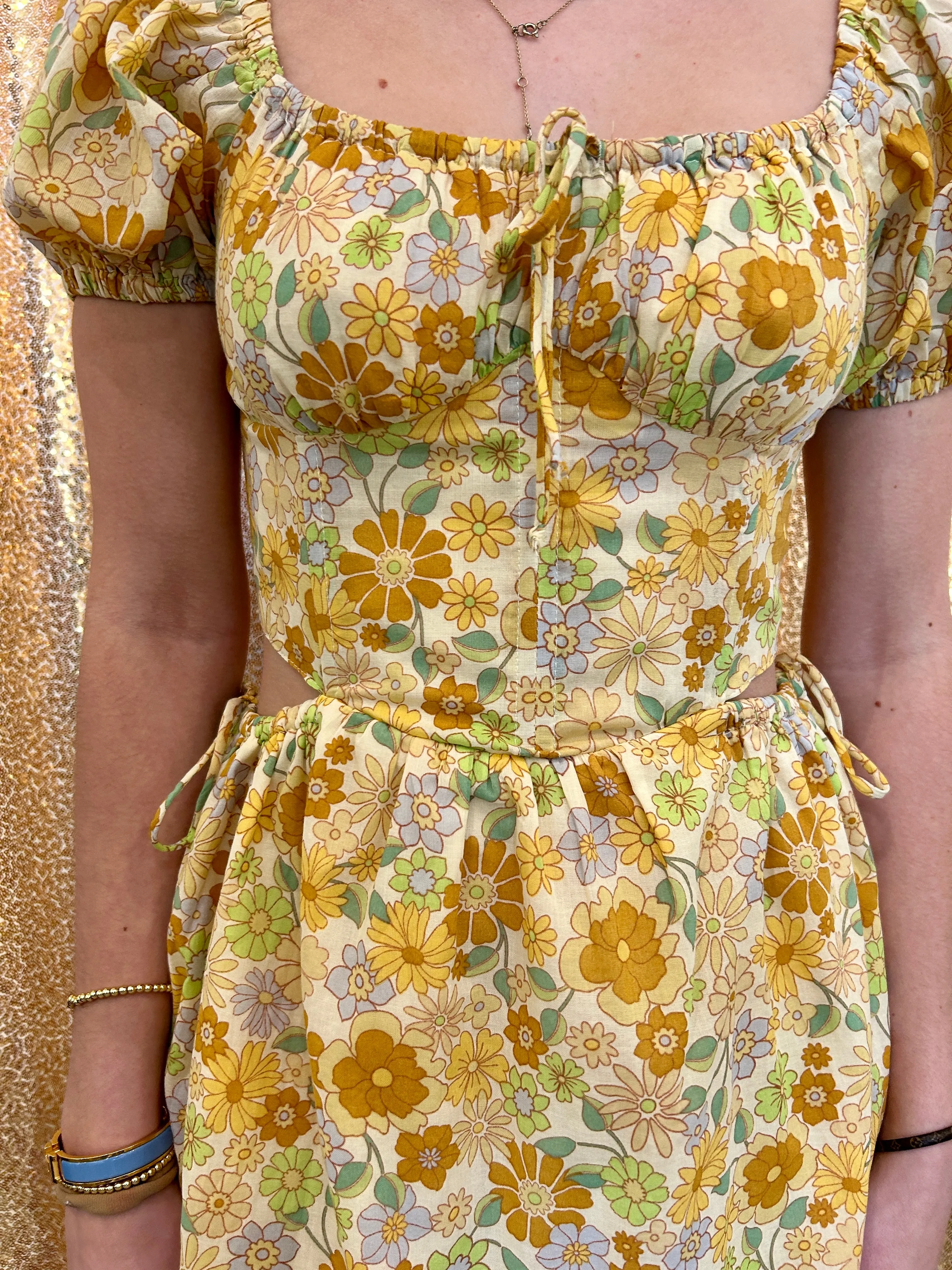 Garden party short sleeve gold floral mini dress