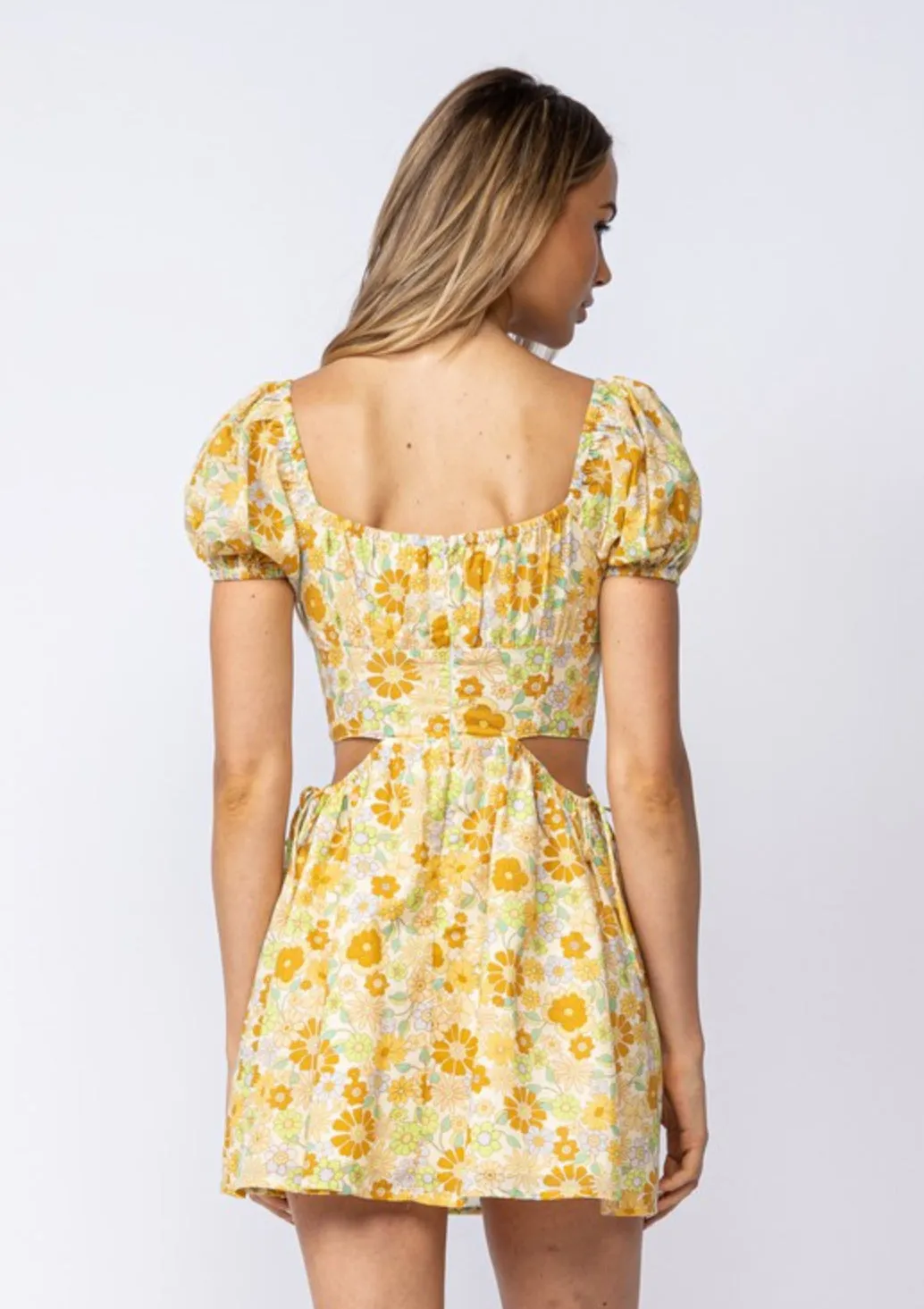 Garden party short sleeve gold floral mini dress