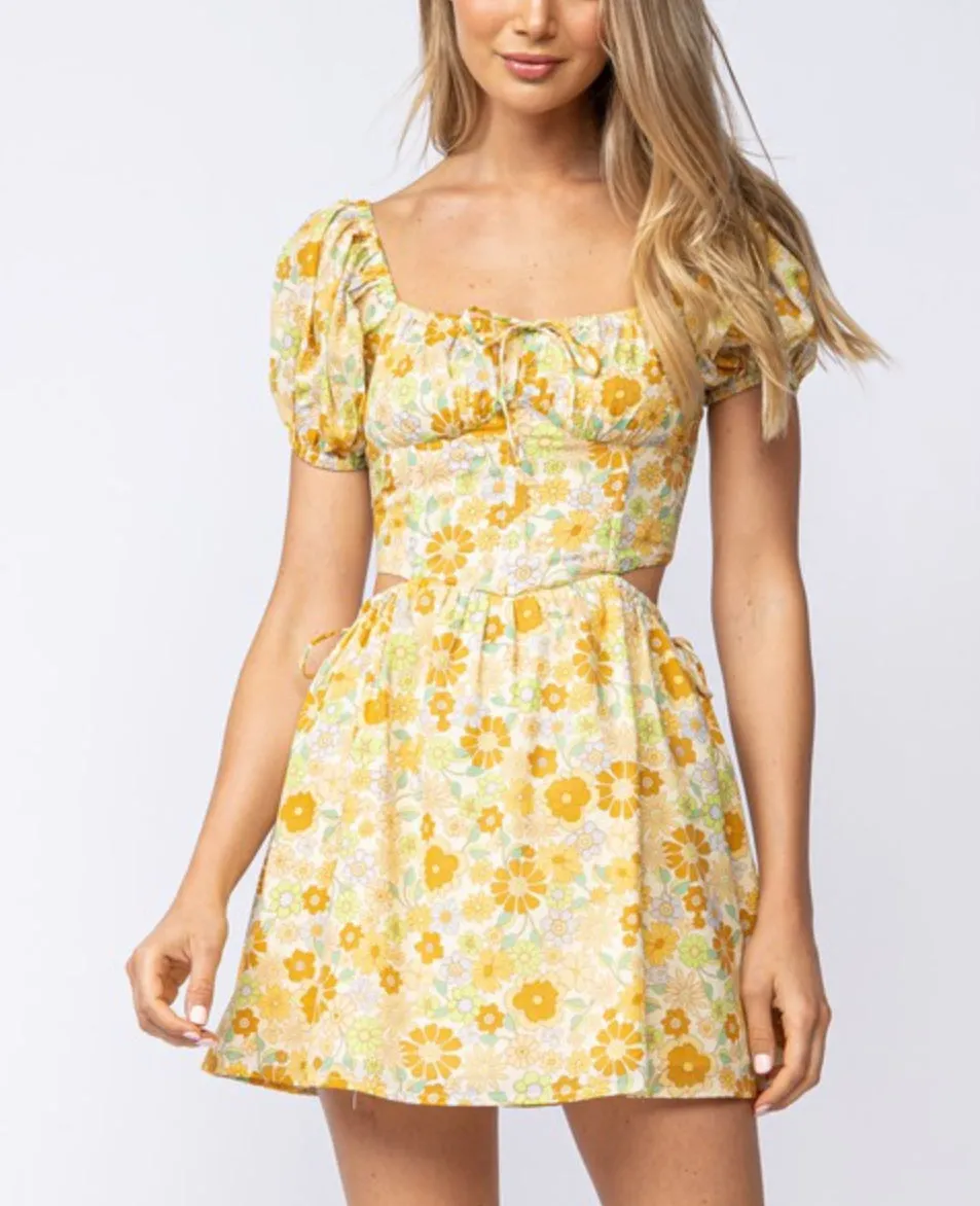 Garden party short sleeve gold floral mini dress