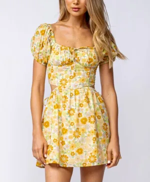 Garden party short sleeve gold floral mini dress