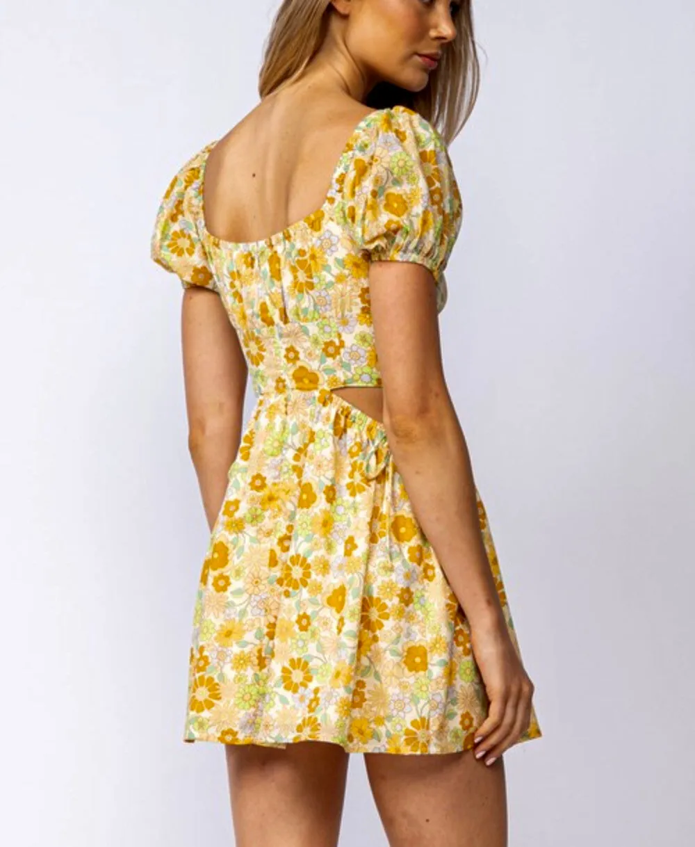 Garden party short sleeve gold floral mini dress