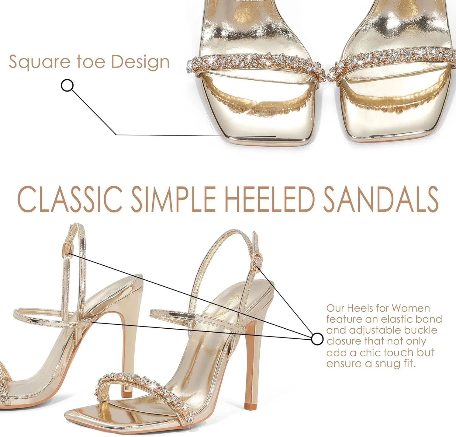 GENSHUO Womens 4 inches Heeled Sandals Square Open Toe Ankle Strap Stiletto High Heel Sandals Dress Wedding Party Heels