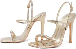 GENSHUO Womens 4 inches Heeled Sandals Square Open Toe Ankle Strap Stiletto High Heel Sandals Dress Wedding Party Heels