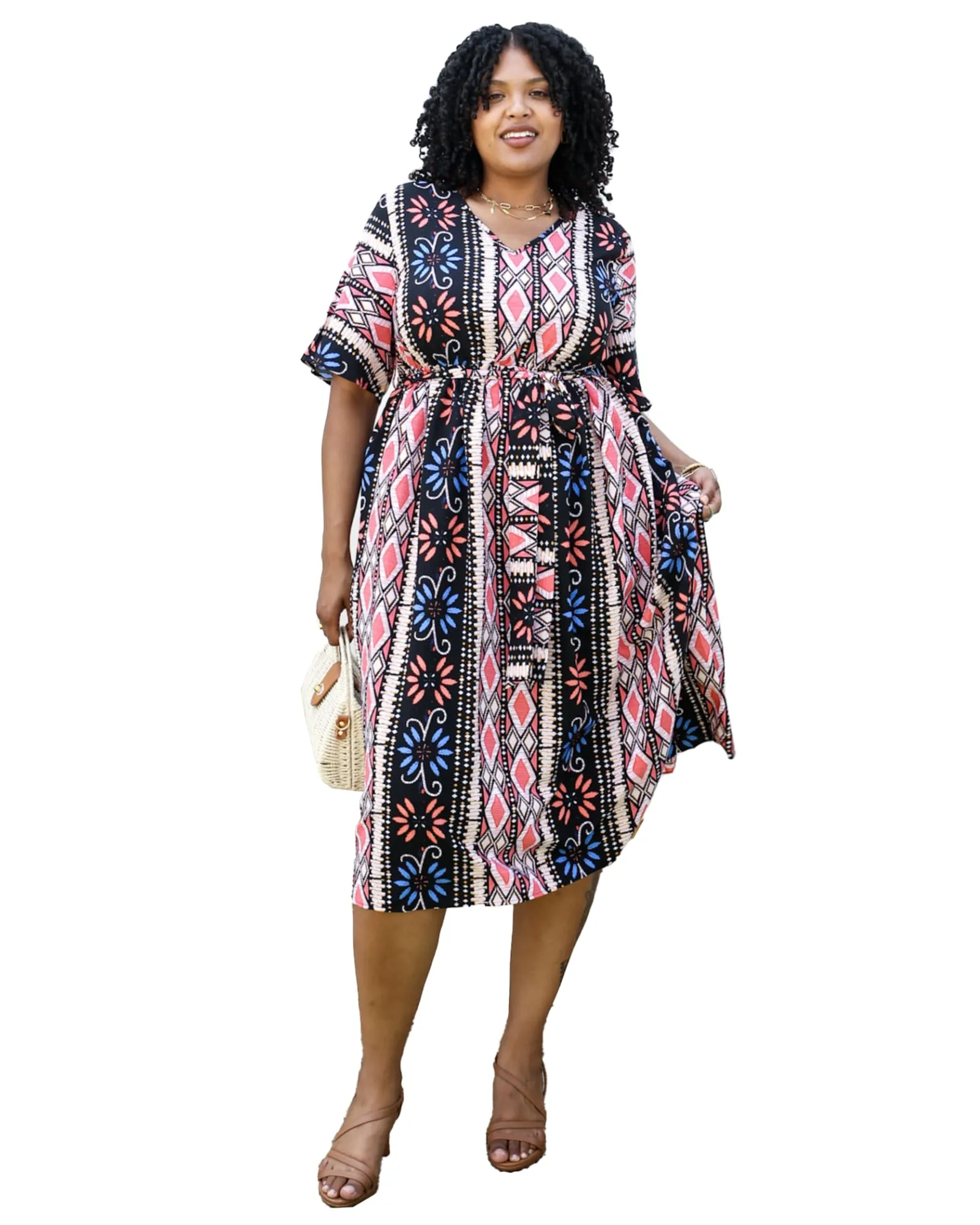 Geometric Pattern Print Midi Dress with Tied Belt Waist | Black