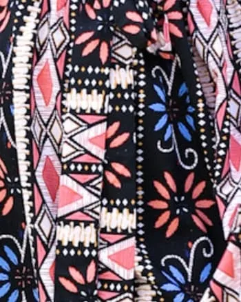 Geometric Pattern Print Midi Dress with Tied Belt Waist | Black