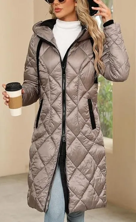 Giolshon Women Puffer Padded Coat Quilted  Hooded Long Jacket