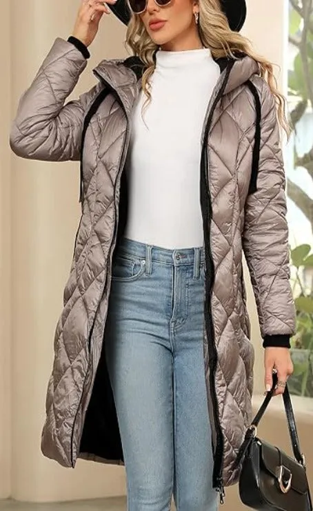 Giolshon Women Puffer Padded Coat Quilted  Hooded Long Jacket
