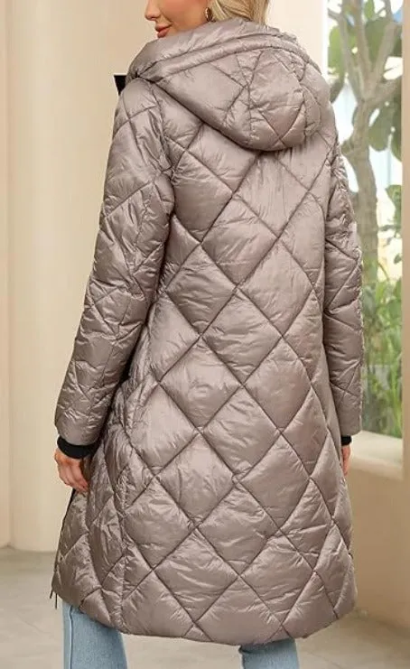 Giolshon Women Puffer Padded Coat Quilted  Hooded Long Jacket