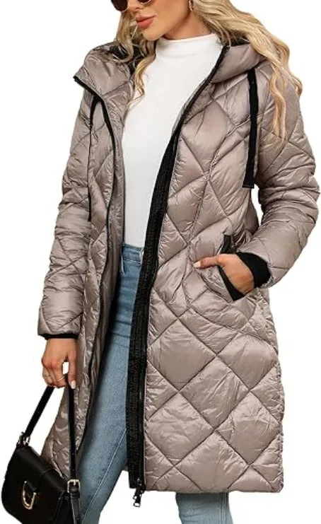 Giolshon Women Puffer Padded Coat Quilted  Hooded Long Jacket