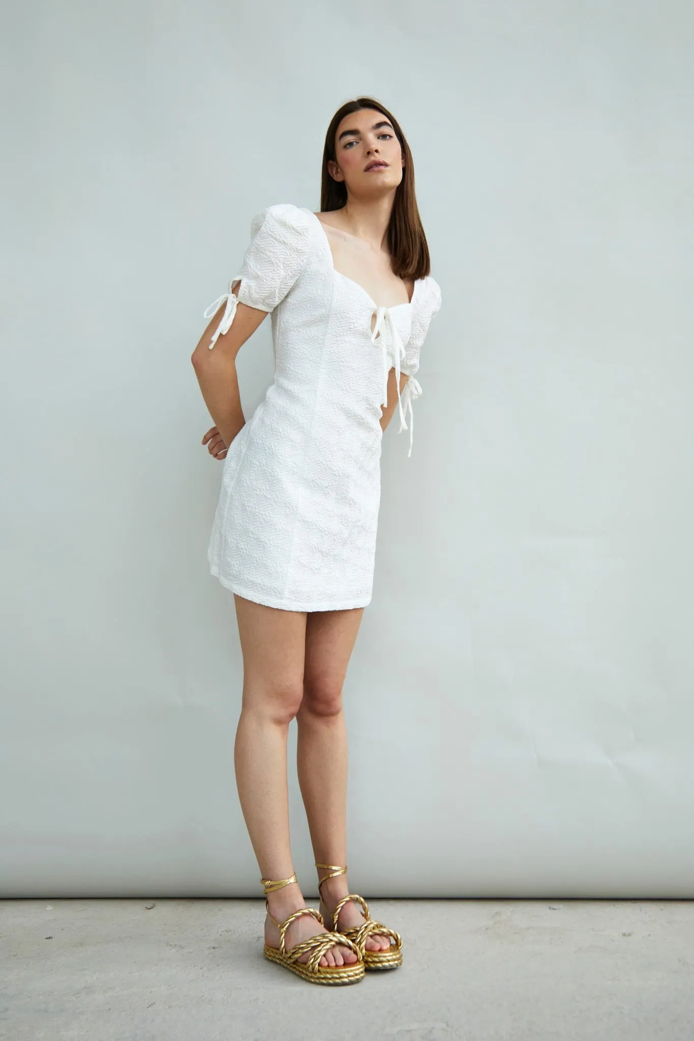 Glamorous Collection Puff Sleeve Mini Dress with Tie Detail