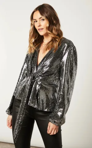 Glamorous Sequin Wrap Top in Dazzling Silver