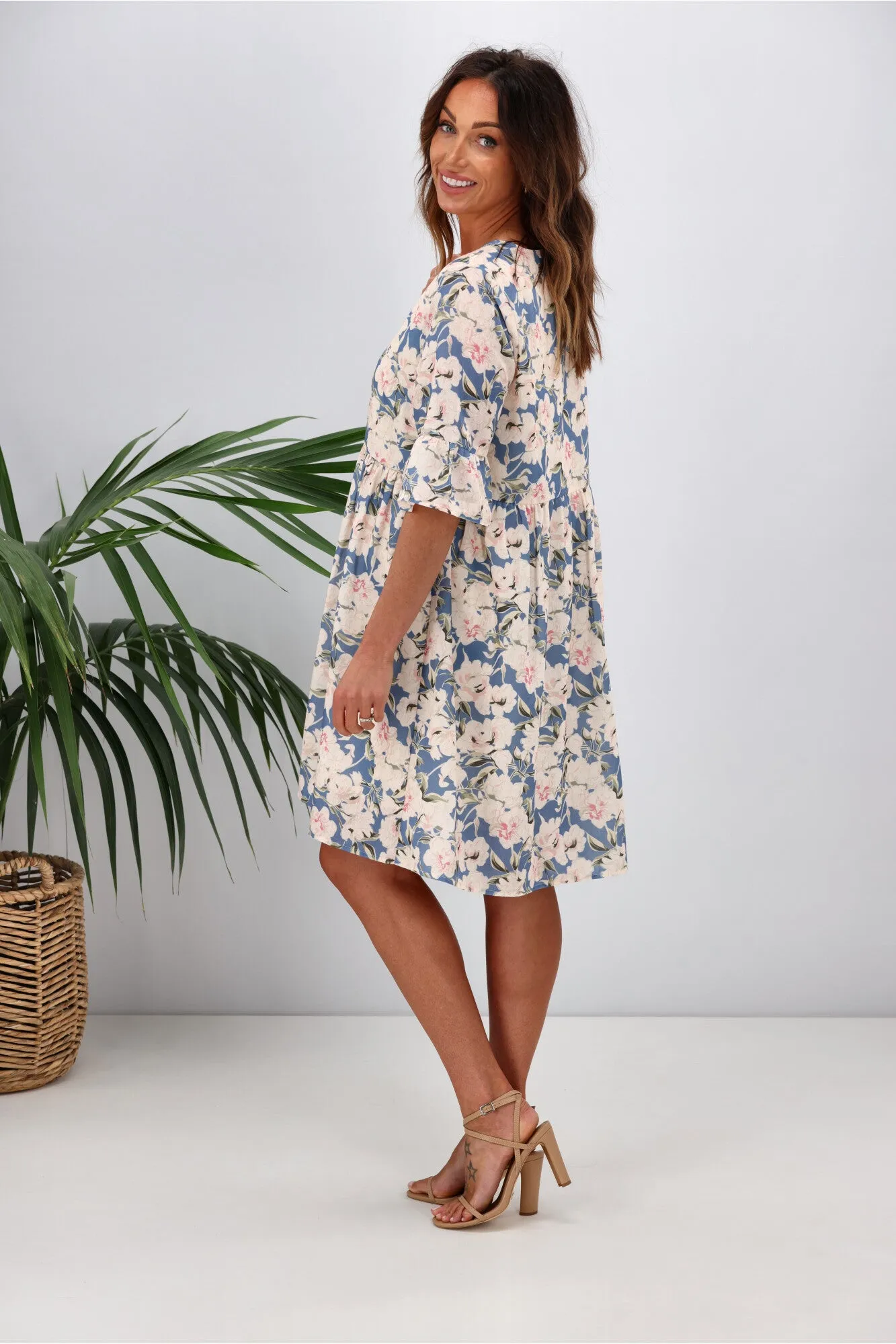 Gloss by Shine On Leila Frill Sleeve Dress Blue Floral