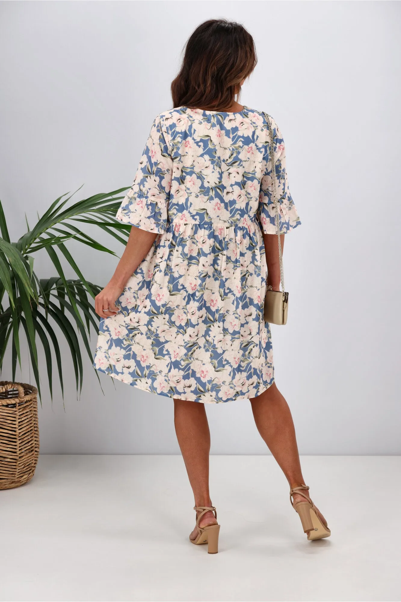 Gloss by Shine On Leila Frill Sleeve Dress Blue Floral