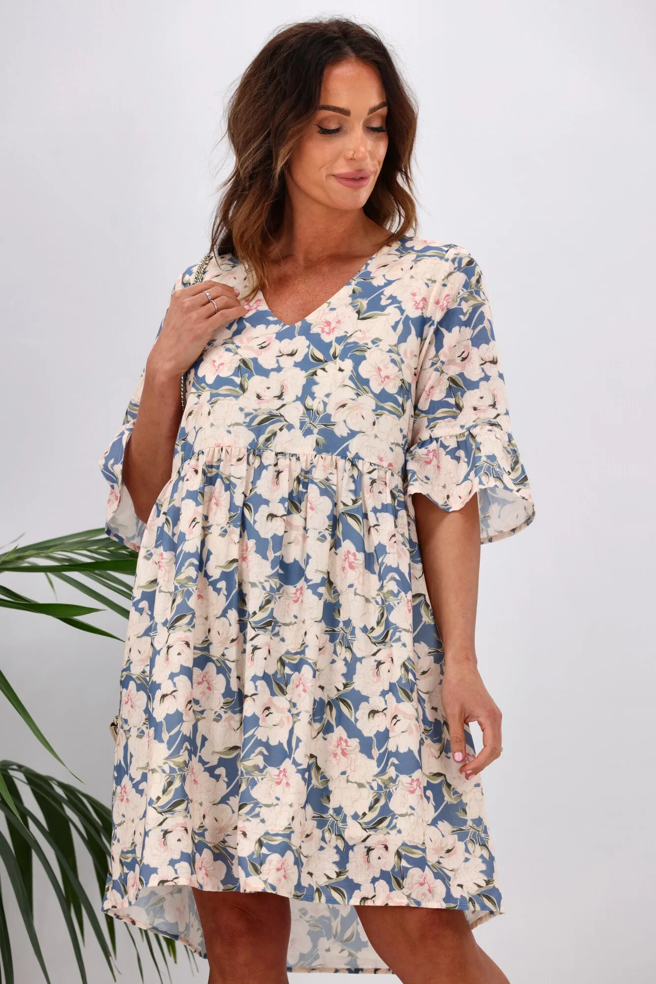 Gloss by Shine On Leila Frill Sleeve Dress Blue Floral