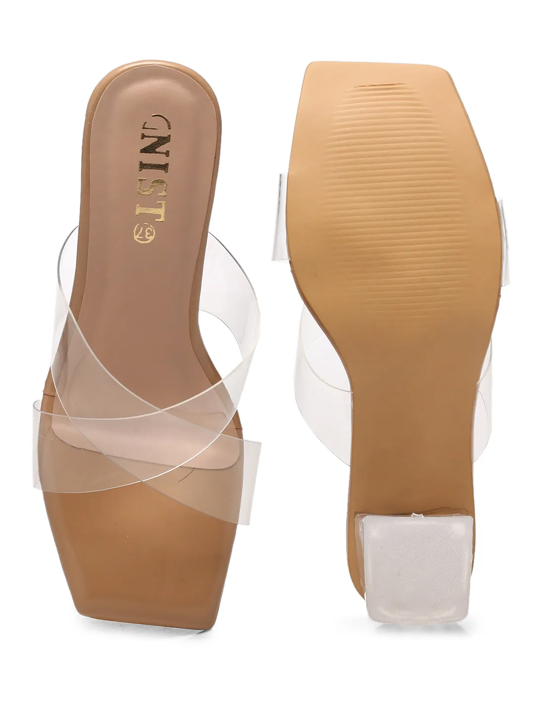 GNIST Beige Cross Strap Transparent Clear Block Heels