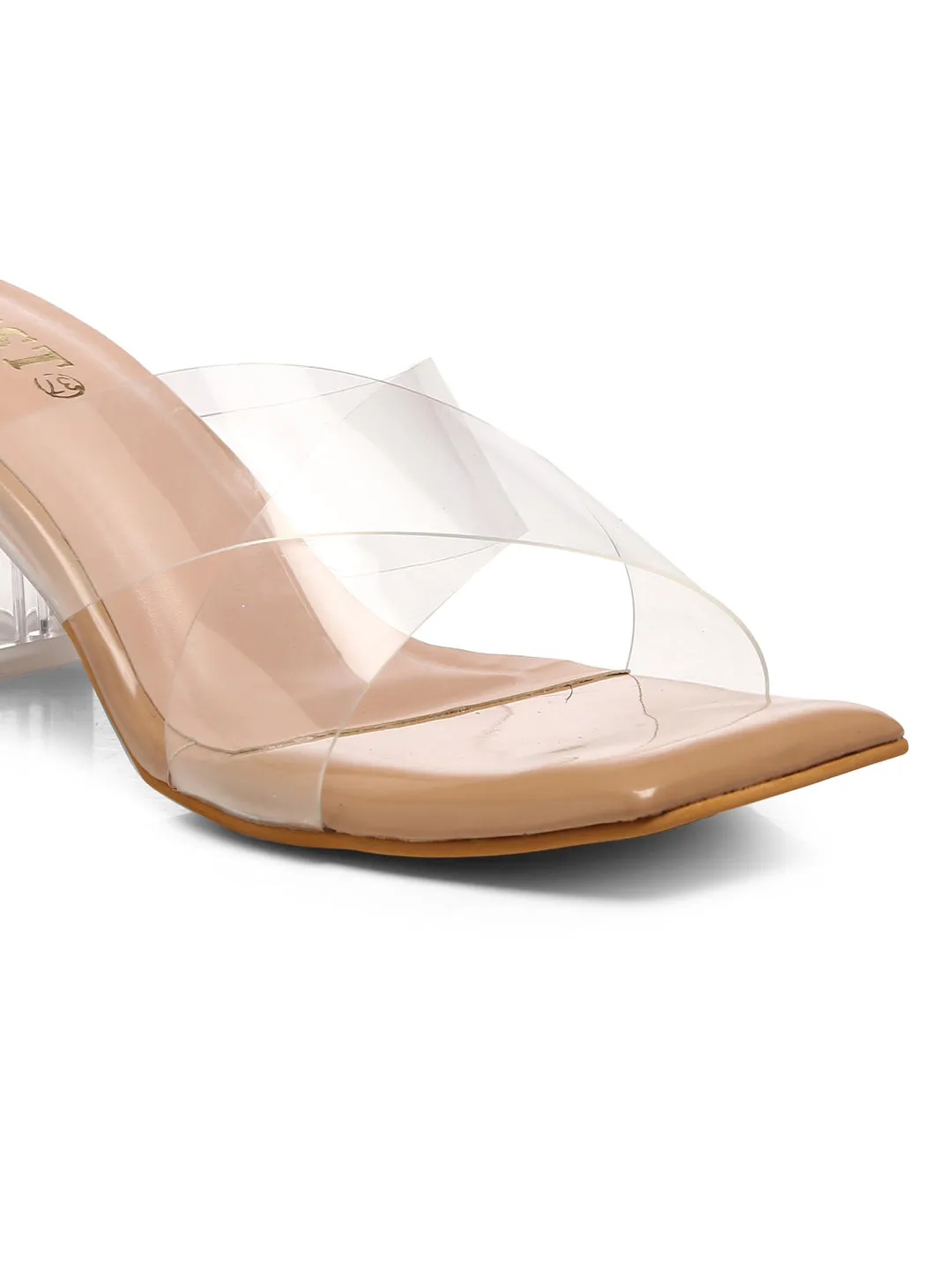 GNIST Beige Cross Strap Transparent Clear Block Heels