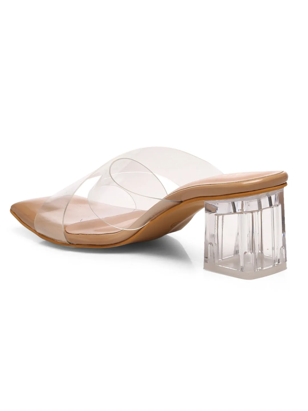 GNIST Beige Cross Strap Transparent Clear Block Heels