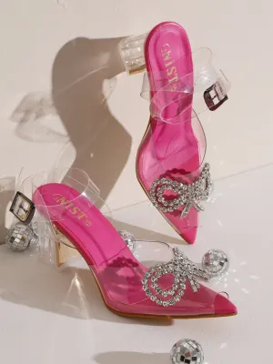 GNIST Pink Pointed Embellished Transparent Bow Heels