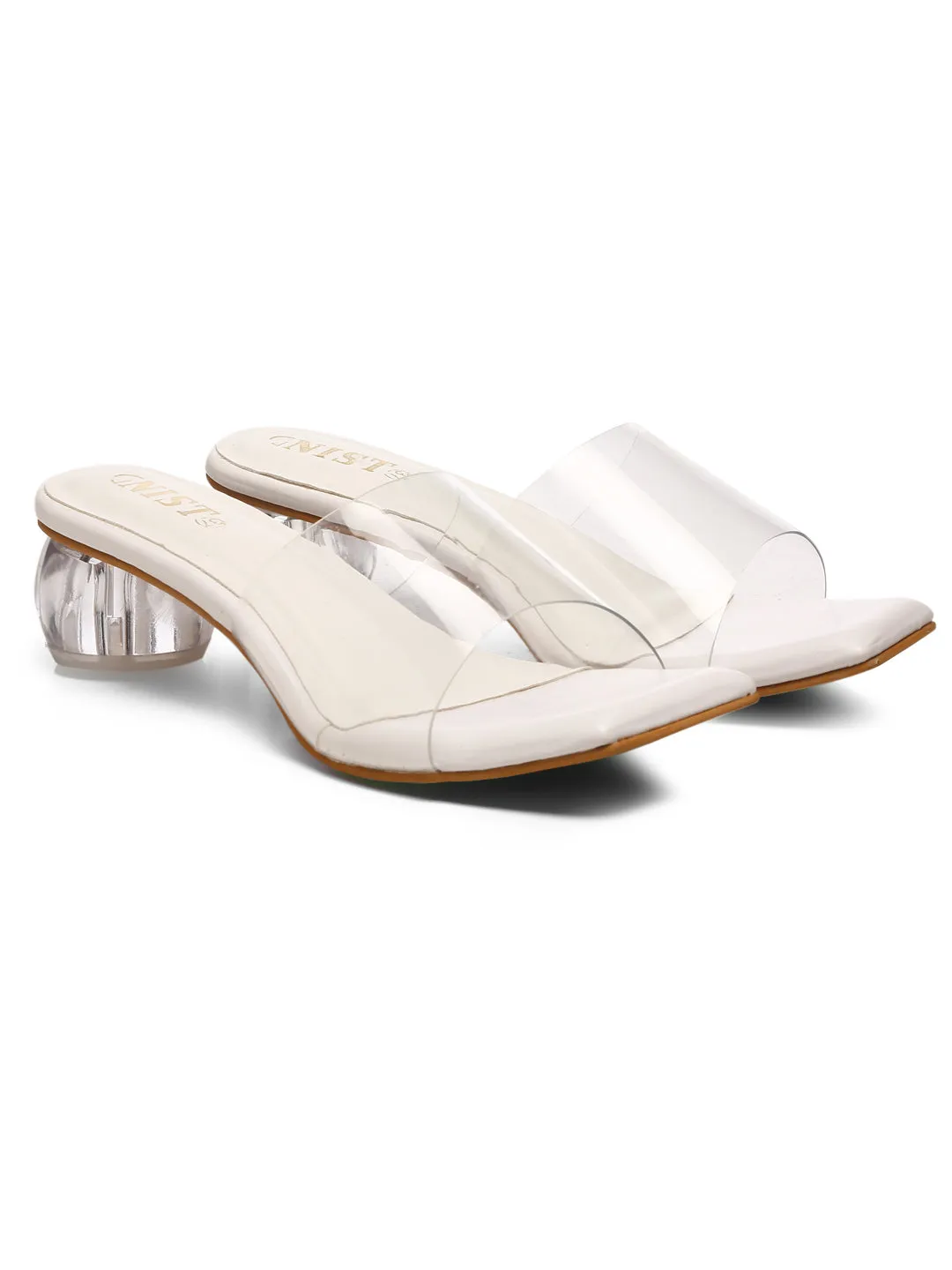 GNIST White Twin Strap Transparent Clear Block Heels