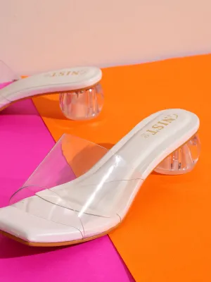 GNIST White Twin Strap Transparent Clear Block Heels
