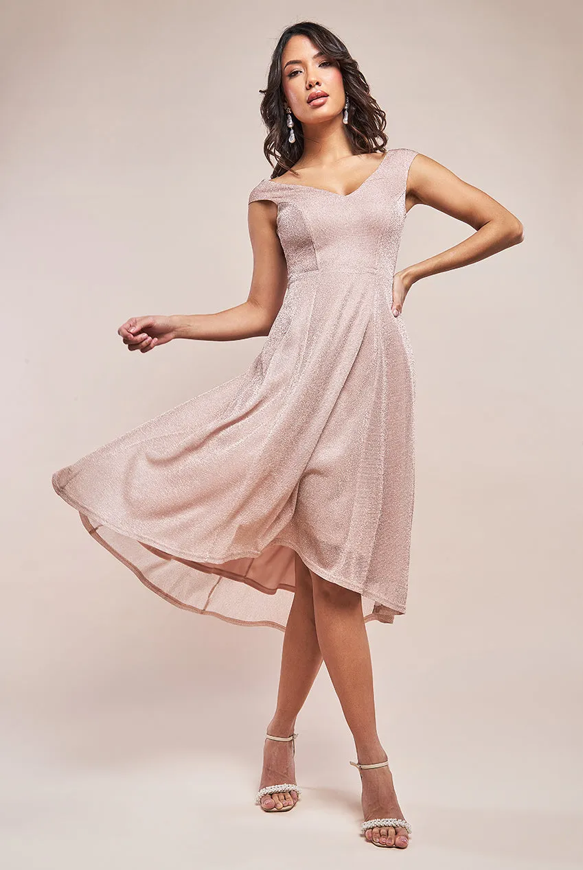 Goddiva Off The Shoulder Lurex High Low Dress