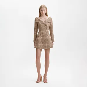 Gold Tinsel Boucle Off Shoulder Mini Dress