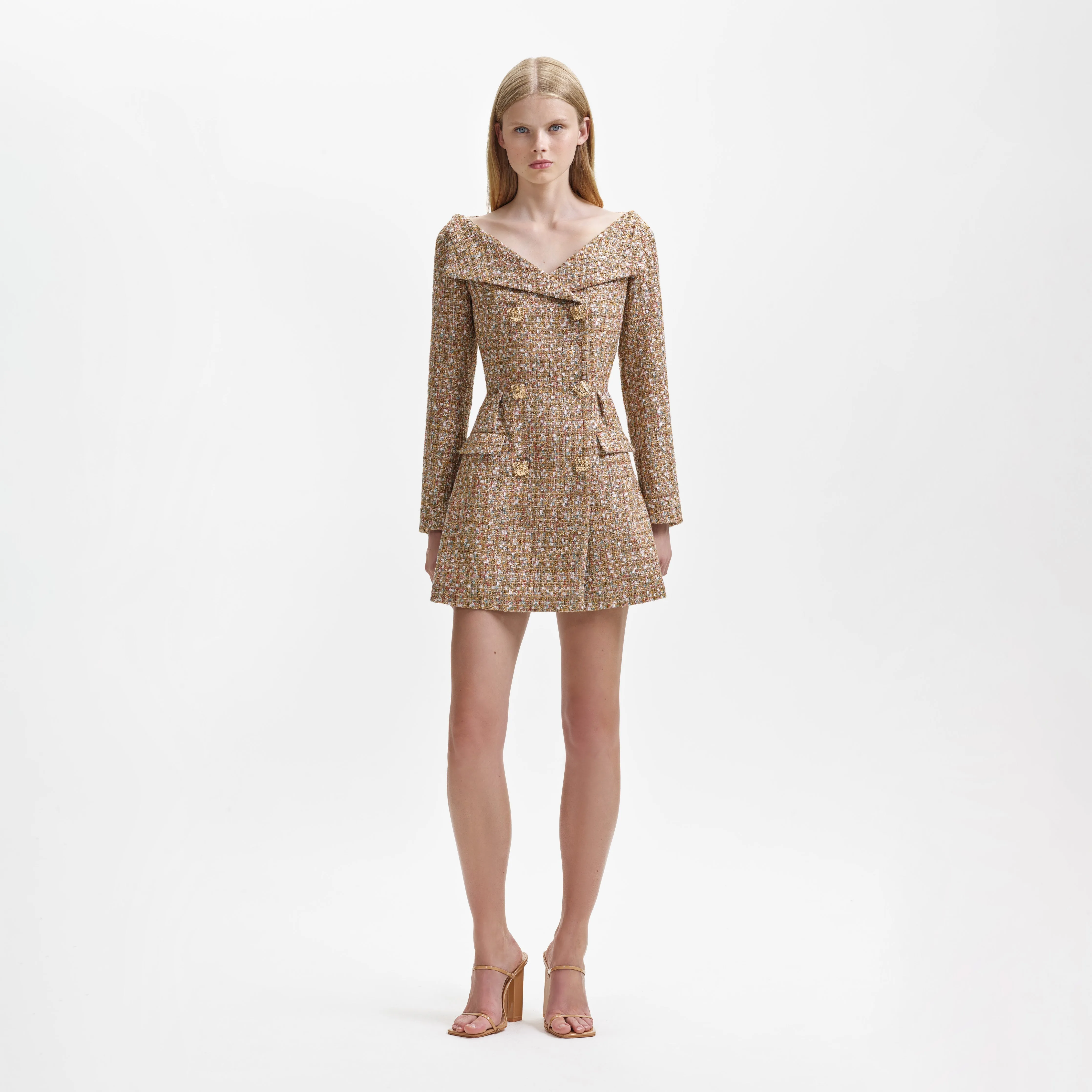 Gold Tinsel Boucle Off Shoulder Mini Dress