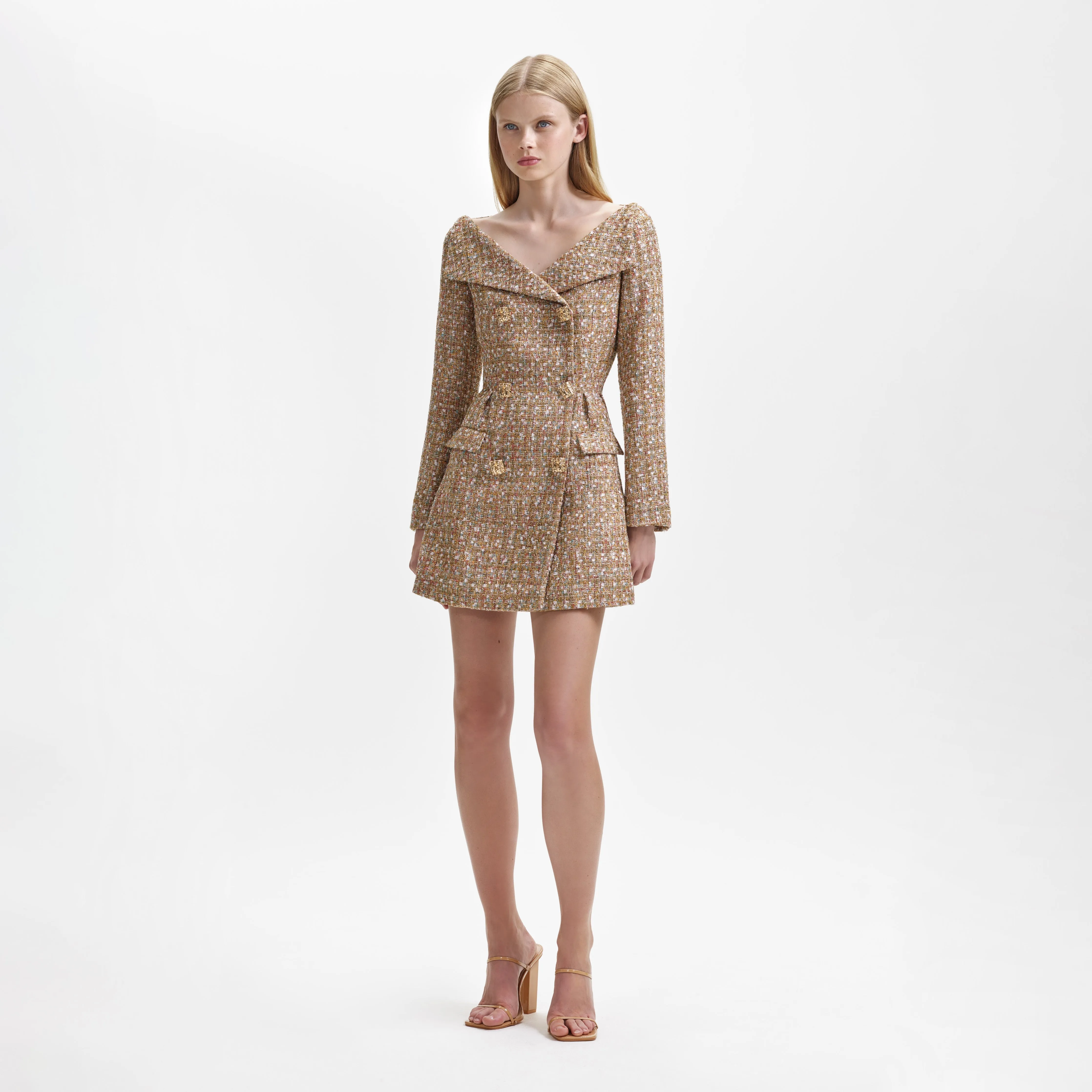 Gold Tinsel Boucle Off Shoulder Mini Dress
