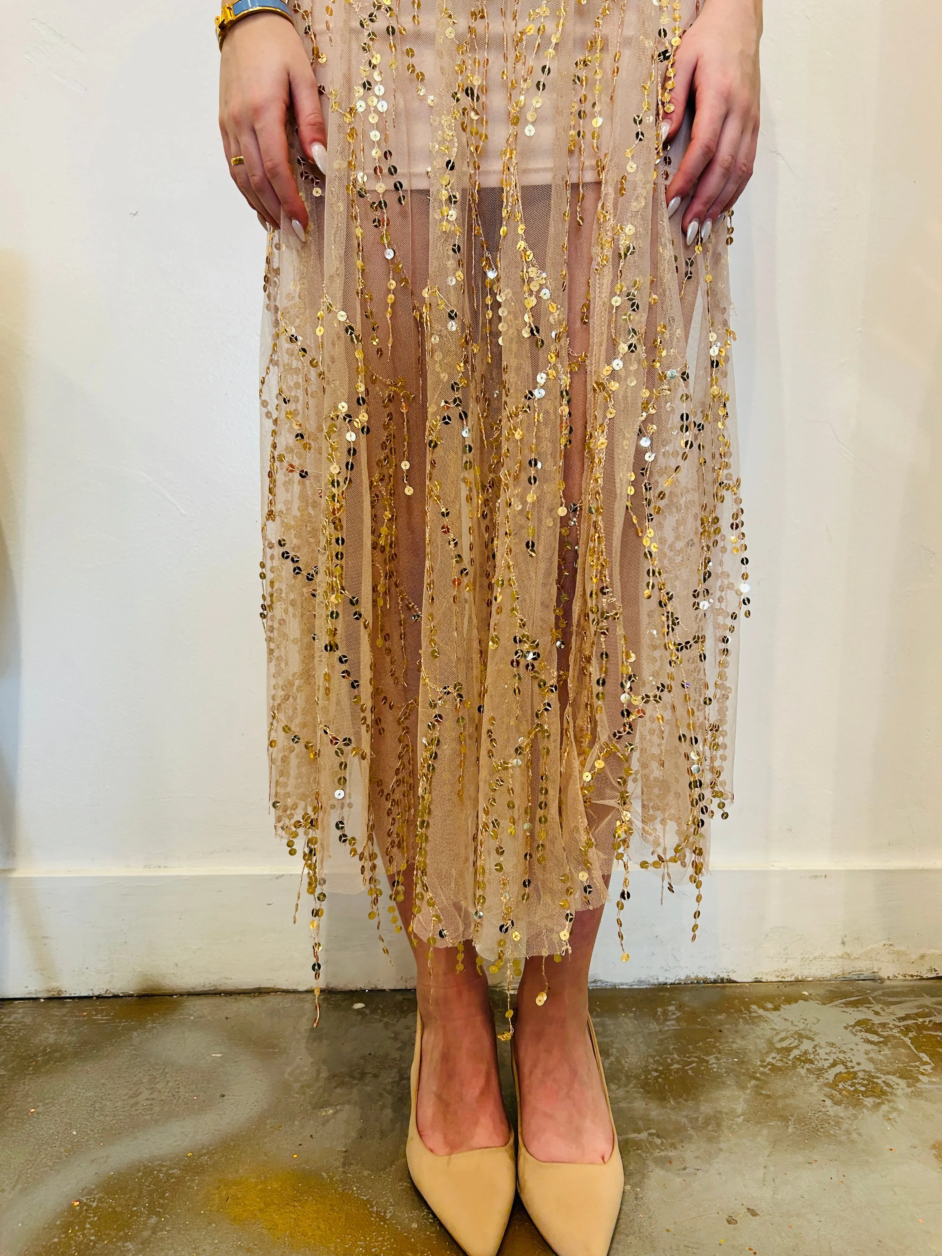 Goldie sequin embellishment tulle cami plunging v neck midi dress