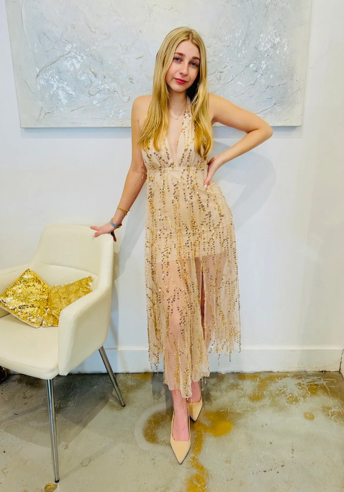 Goldie sequin embellishment tulle cami plunging v neck midi dress
