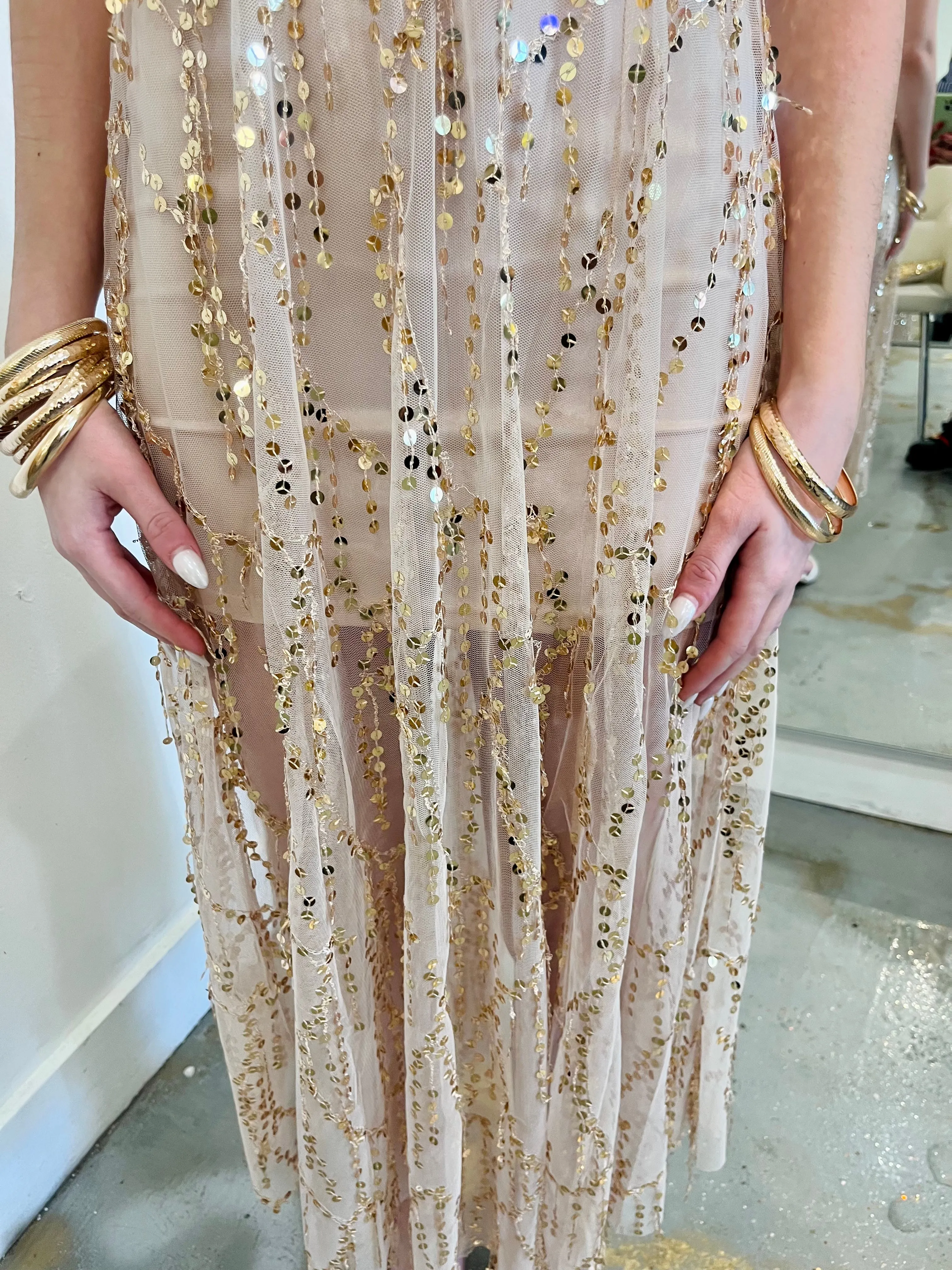 Goldie sequin embellishment tulle cami plunging v neck midi dress