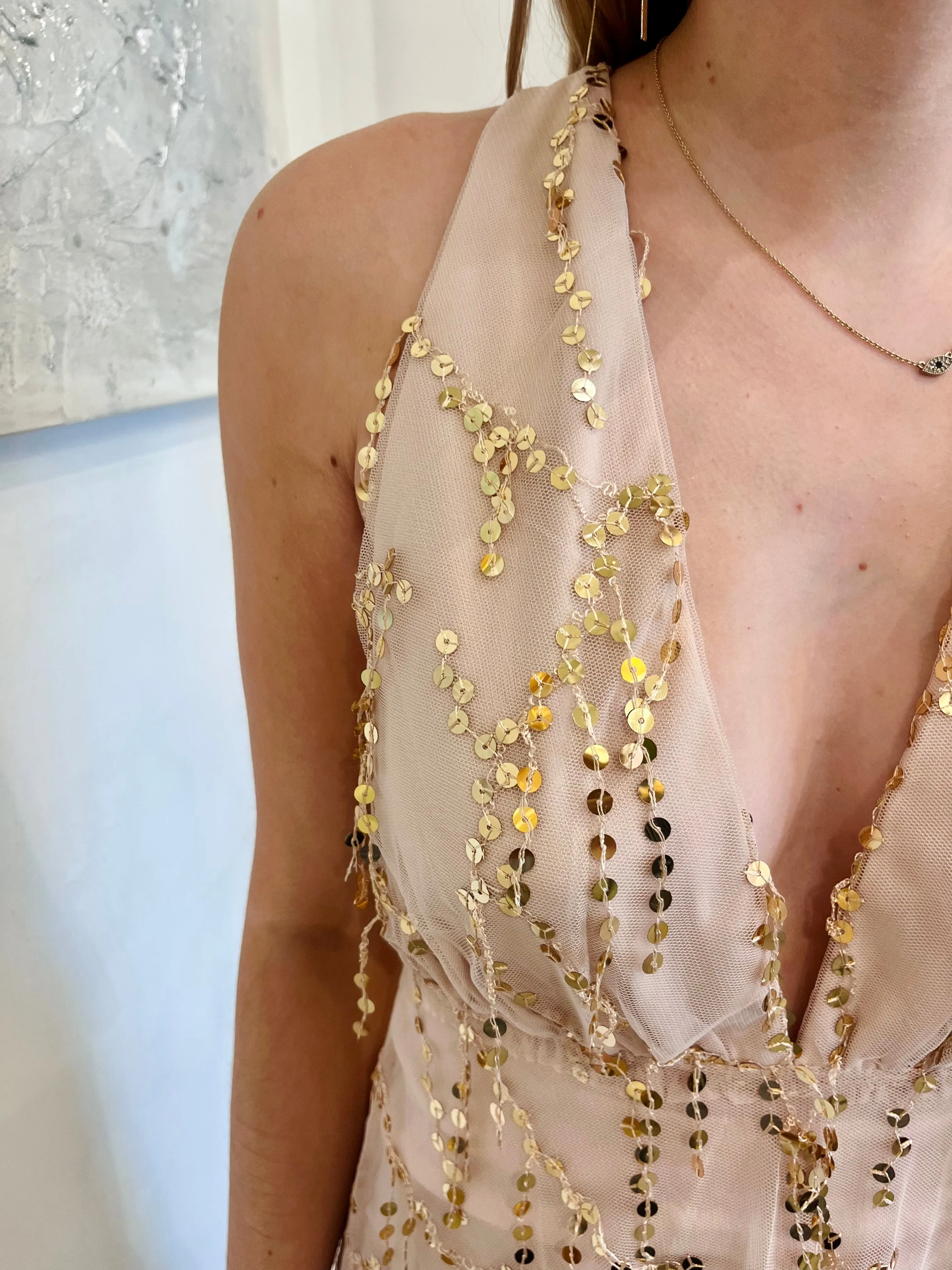 Goldie sequin embellishment tulle cami plunging v neck midi dress