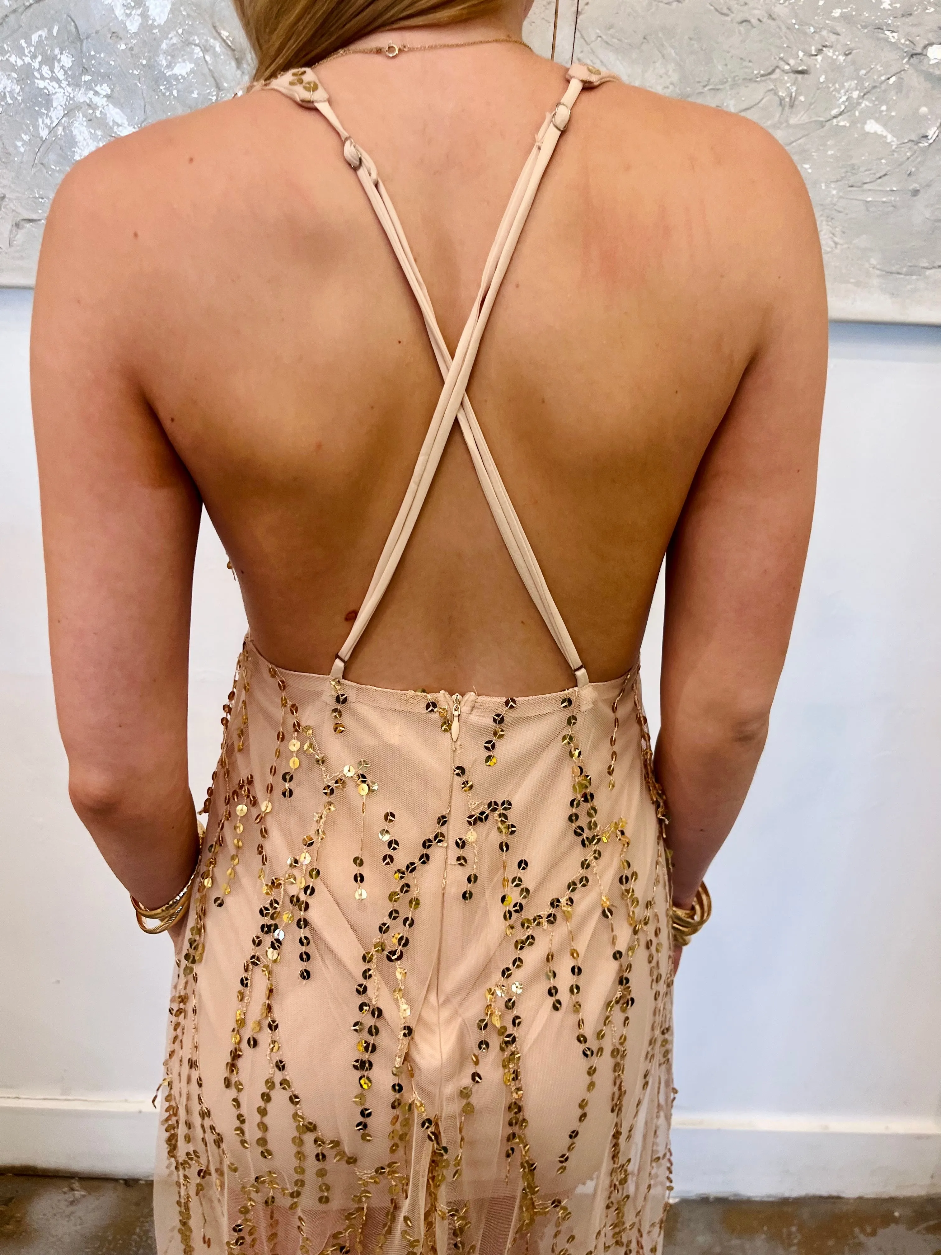 Goldie sequin embellishment tulle cami plunging v neck midi dress