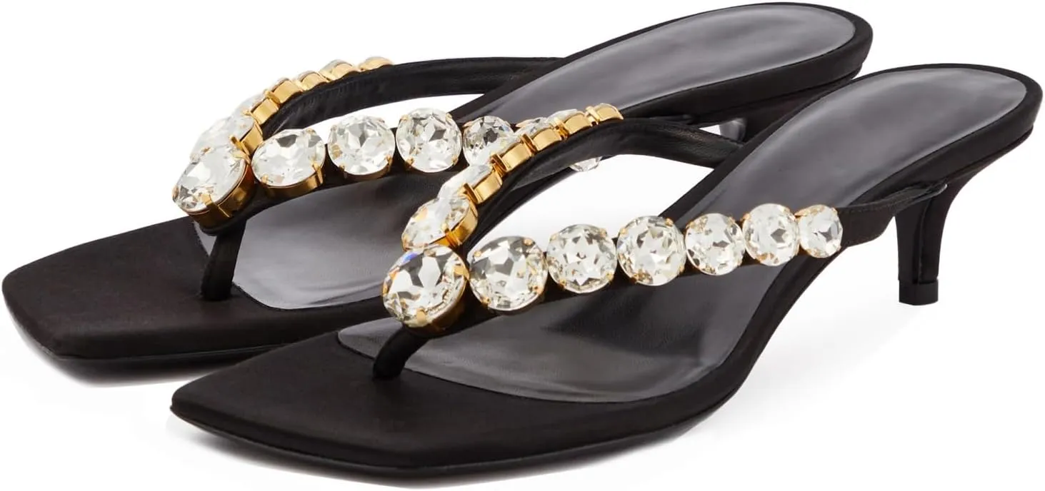 Goolita Women's Crystal Kitten Heels Flip Flops Open Square Toe Strappy Thong Slide Heeled Sandals Comfort Prom Party Mules Heels