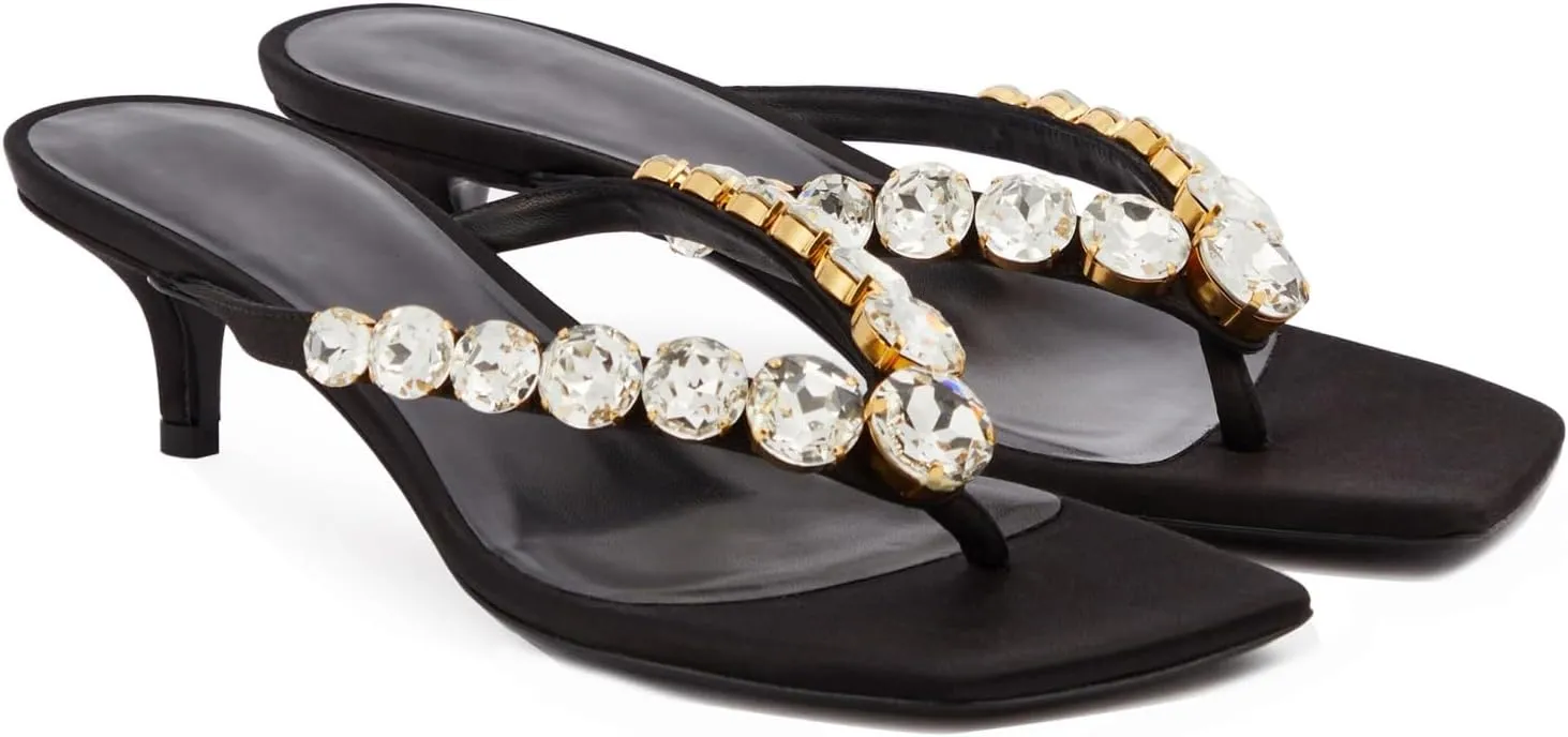 Goolita Women's Crystal Kitten Heels Flip Flops Open Square Toe Strappy Thong Slide Heeled Sandals Comfort Prom Party Mules Heels