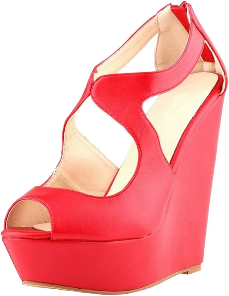 Gracemee Women Fashion Sandals Wedge High Heels Ankle Strap Party Heels Platform Peep Toe Summer Shoes YaguangRed Size 35
