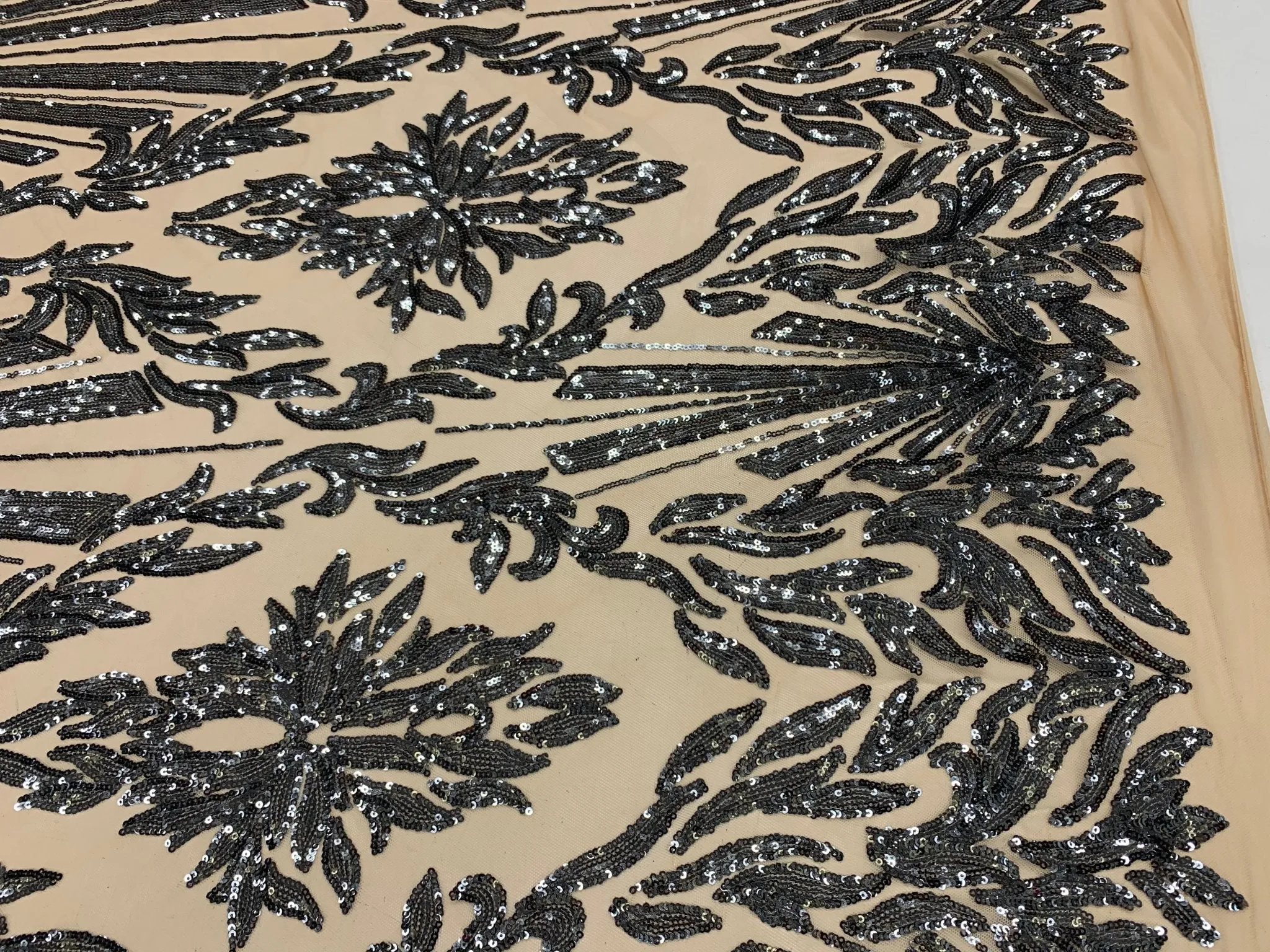 Gray Luxury Stretch Sequin Bridal Embroidery on Nude Mesh Lace Fabric