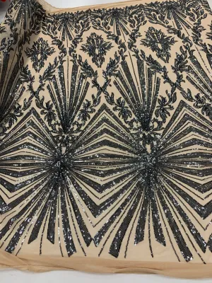 Gray Luxury Stretch Sequin Bridal Embroidery on Nude Mesh Lace Fabric