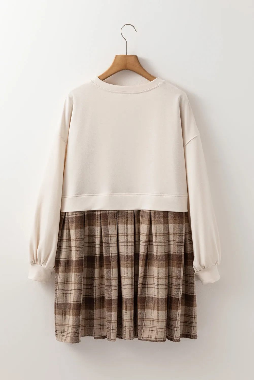 Half Plaid Round Neck Long Sleeve Mini Dress
